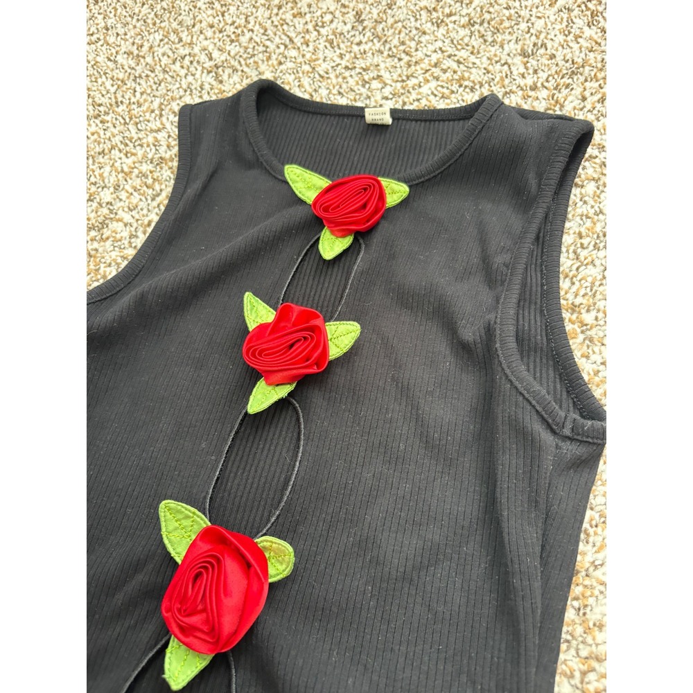 Three Hole Punch Roses Rib Tank Black Ribbed Crop Small Black 3D Rosette Floral - Picture 3 of 5
